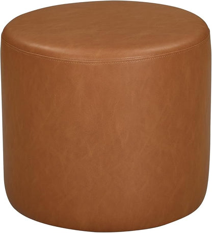 Lifestyle Solutions 19” Wentworth Ottoman Round Faux Leather Bench, Stationary Ottomans, Backless Chair, Footrest for Living Room, Footstool Office, Bedroom, Padded Seat, Caramel Brown