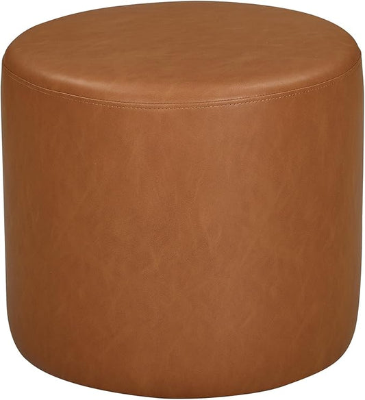 Lifestyle Solutions 19” Wentworth Ottoman Round Faux Leather Bench, Stationary Ottomans, Backless Chair, Footrest for Living Room, Footstool Office, Bedroom, Padded Seat, Caramel Brown