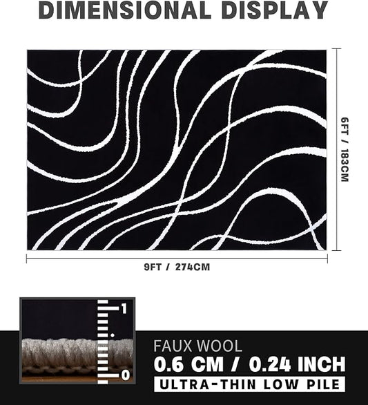 YIHOUSE Black Modern Area Rug 6x9,Abstract Rugs for Bedroom,Black and White Geometric Rug,Minimalist Striped Rug,Dark Washable Area Rugs 5x7 Non Slip Rugs for Living Room，Office