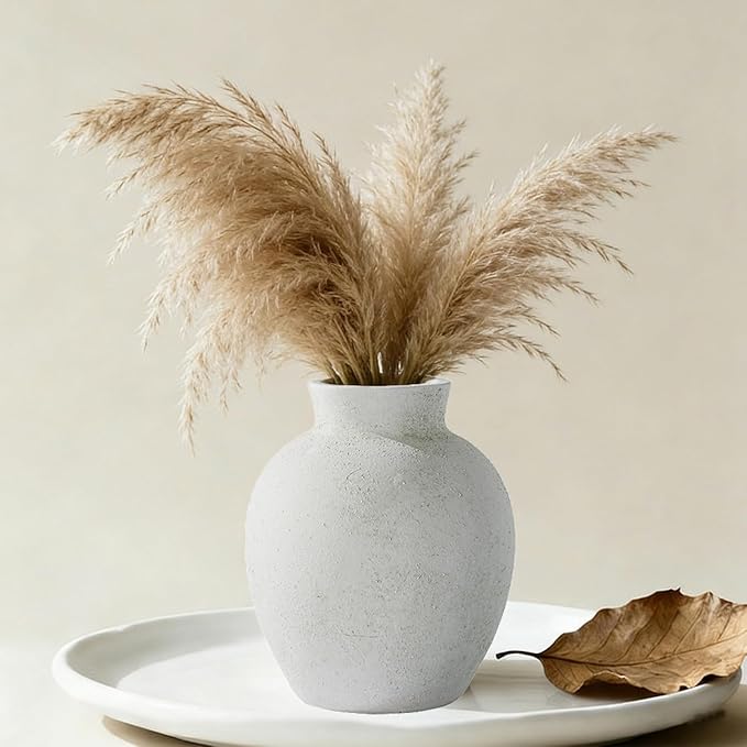 Handmade White Ceramic Vase - 6.1 Inch Farmhouse & Boho Decor for Living Room, Rustic Wabi-Sabi Centerpiece for Wedding, Fireplace Mantel
