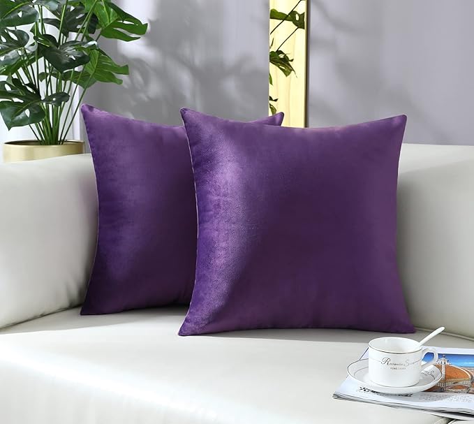 mixeoo Comfy Eggplant Purple Throw Pillow Covers Decorative Square Solid Thick Velvet Super Soft Cushion Cases Home Decor for Sofa Couch Living Room Chair, Set of 2, 18 x 18 Inch