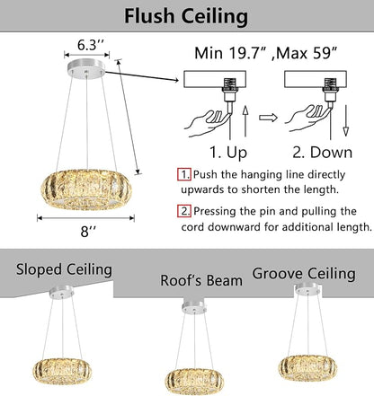 LED Ring Chandelier Modern Pendant Lights for Kitchen Island Dining Room Remote Dimmable Hanging Light Entryway Bedroom Crystal Lighting Silver Chandeliers