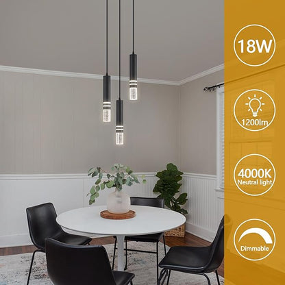 Pendant Lights Kitchen Island, Crystal Pendant Light Fixtures Mini 18W LED Modern Kitchen Pendant Lighting Over Sink and Living Room and Bedroom (Black 3 Light)