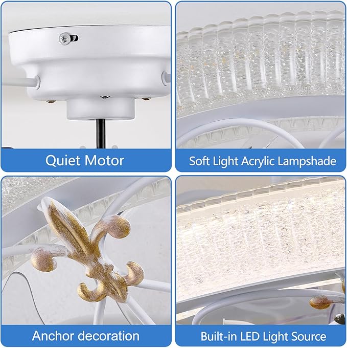 Rustic White Caged Ceiling Fan, Farmhouse Ceiling Fan with Lights Remote Control with Crystal, LED Low Profile Ceiling Light for Bedroom Kitchen Living Room