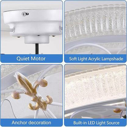 Rustic White Caged Ceiling Fan, Farmhouse Ceiling Fan with Lights Remote Control with Crystal, LED Low Profile Ceiling Light for Bedroom Kitchen Living Room
