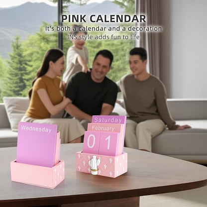 Notakia Perpetual Calendar Wooden Blocks Vintage Wood Block Calendar for Home Office Desk Accessories Week Month Date Display (Pink Calendar)