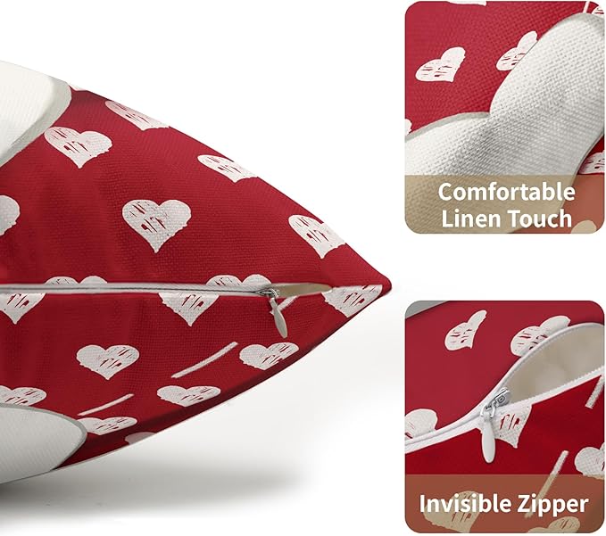 Valentines Day Pillow Covers 12x20 Set of 2 White Red Heart Throw Pillow Covers Love Pillowcase Linen Decoration Farmhouse Holiday Cozy Soft Cushion Case Couch for Indoor Outdoor Home Decor