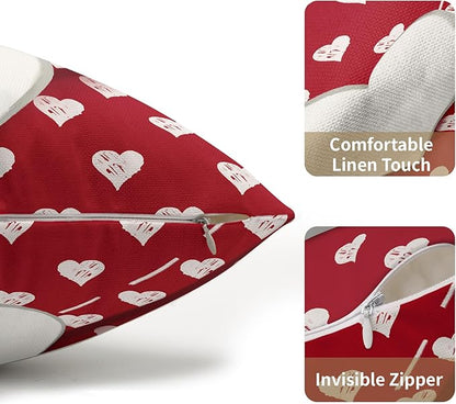 Valentines Day Pillow Covers 12x20 Set of 2 White Red Heart Throw Pillow Covers Love Pillowcase Linen Decoration Farmhouse Holiday Cozy Soft Cushion Case Couch for Indoor Outdoor Home Decor