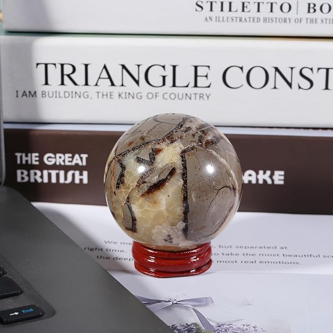 Nupuyai Natural Septarian Dragon Crystal Ball with Wooden Stand Healing Stone Sphere for Divination Fengshui Meditation Home Office Decor