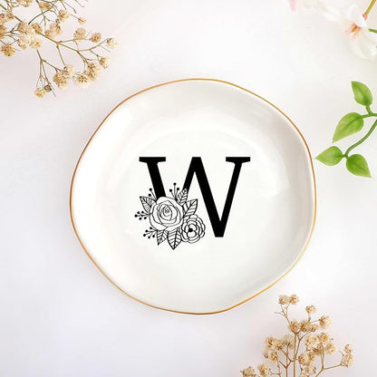 JoycuFF Initial W Ceramic Jewelry Tray, Bridesmaid Bride Gifts, Mothers Day Christmas Anniversary Engagement Birthday Gifts for Women Couples, Trinket Dish for Rings Earrings Necklaces Bracelets Keys
