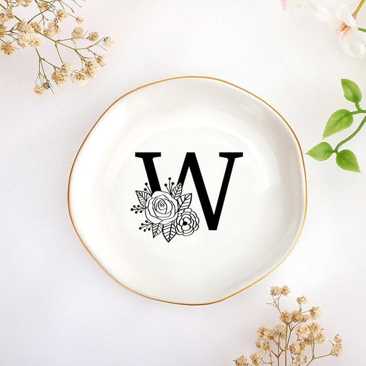 JoycuFF Initial W Ceramic Jewelry Tray, Bridesmaid Bride Gifts, Mothers Day Christmas Anniversary Engagement Birthday Gifts for Women Couples, Trinket Dish for Rings Earrings Necklaces Bracelets Keys
