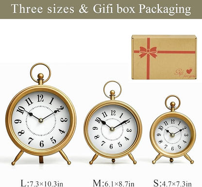 Vintage Small Table Clock on Stand, Decorative Desk and Shelf Clock Farmhouse Mantel Non-Ticking Clock Rustic Metal Frame with Antique Gold Finish 9.3 Inch
