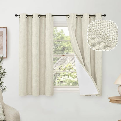 Lajode 45 Inch Length Linen Blackout Curtains for Short Cafe Window, Thermal Insulated Light Blocking Soundproof Privacy Burlap Curtains 2 Panels, Each 38 Inch Wide Natural
