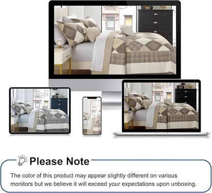 Farmhouse Bedspread King Size 120"x120" - 100% Cotton Lightweight Oversized King Quilt with 2 Pillowshams, Printed Diamond Quilted Bedding Coverlet for All Season, Brown/Beige/Khaki