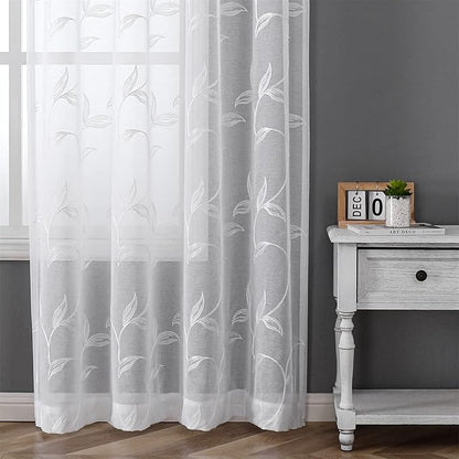 VISIONTEX White Sheer Curtains 63 Inch Length 2 Panels Set Embroidered Floral Leaf Pattern Rod Pocket Semi Sheer Voile Window Curtains/Drapes for Bedroom Living Room 54 x 63 Inches