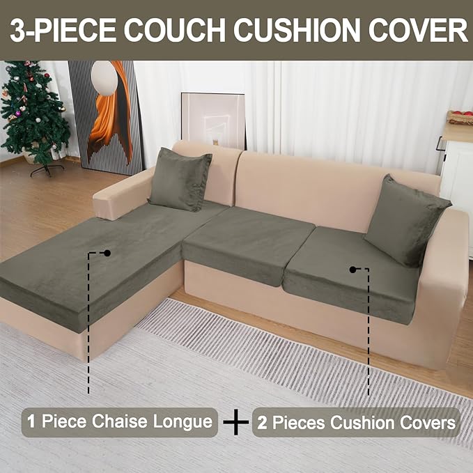 Sectional Couch Covers for 3-Piece Seat Cushion Velvet Separate L Shape Couch Cover Stretch Sofa Slipcover with 2 Pieces Pillowcases Furniture Protector (Sofa 2 Seater + 1 Chaise, Olive Green)