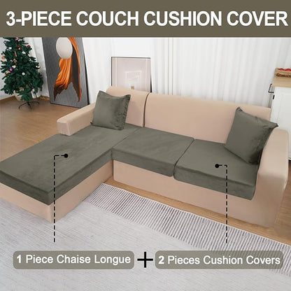 Sectional Couch Covers for 3-Piece Seat Cushion Velvet Separate L Shape Couch Cover Stretch Sofa Slipcover with 2 Pieces Pillowcases Furniture Protector (Sofa 2 Seater + 1 Chaise, Olive Green)