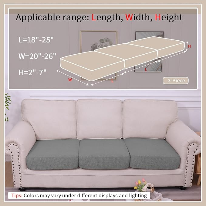 hyha Waterproof Couch Cushion Covers, Waterproof Sectional Couch Covers for 3 Cushion Sofa for Pets, Stretch Sofa Slipcover Washable with Elastic Bottom(3 Packs, Grey)