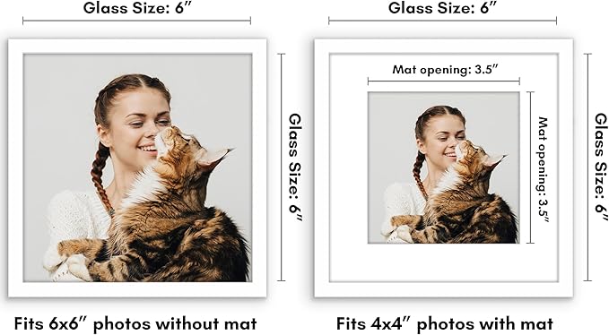 Americanflat 6x6 Picture Frame with Shatter-Resistant Glass - Use as 4x4 Frame with Mat or Display 6x6 Photo Without Mat - Streamline Collection - Square Frames for Tabletop or Wall - White