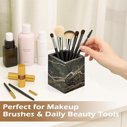 PROLEE Marble Pen Holder, Forest-Inspired Natural Stone Makeup Brush & Toothbrush Holder, Square Marble Container for Candles, Remote Controls, and Bathroom Vanity Organizer (Rainforest Green)