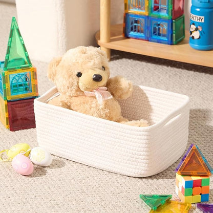 Small Storage Baskets for Organizing | Closet Organizer Bins | Shelf Toy Basket | Woven Rope Baskets | Cube Decorative Box | Shallow Basket | 13x8.5x5.1” | 4 Packs Off White