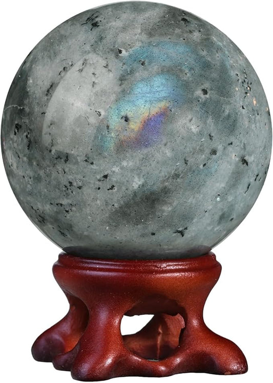 moonsix Natural Labradorite Crystal Sphere with Resin Stand Healing Energy Stone Decorative Ball Sculpture for Home Office Tabletop, 41-50 mm
