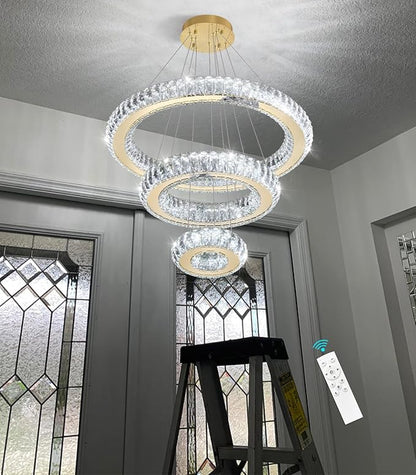 3 Rings LED Chandelier Modern Dimmable Dining Room Chanderliers Entryway Crystal Pendant Lights for Kitchen Bedroom Living Room Gold Light