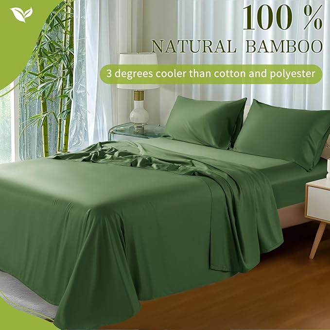 Shilucheng 100% Viscose Derived from Bamboo_ Sheets King Size 4pcs - Ultra Cooling & Silky Soft Bed Sheets, 16" Deep Pocket, Perfect for Hot Sleepers, Hotel Bedding Sheets (Olive)