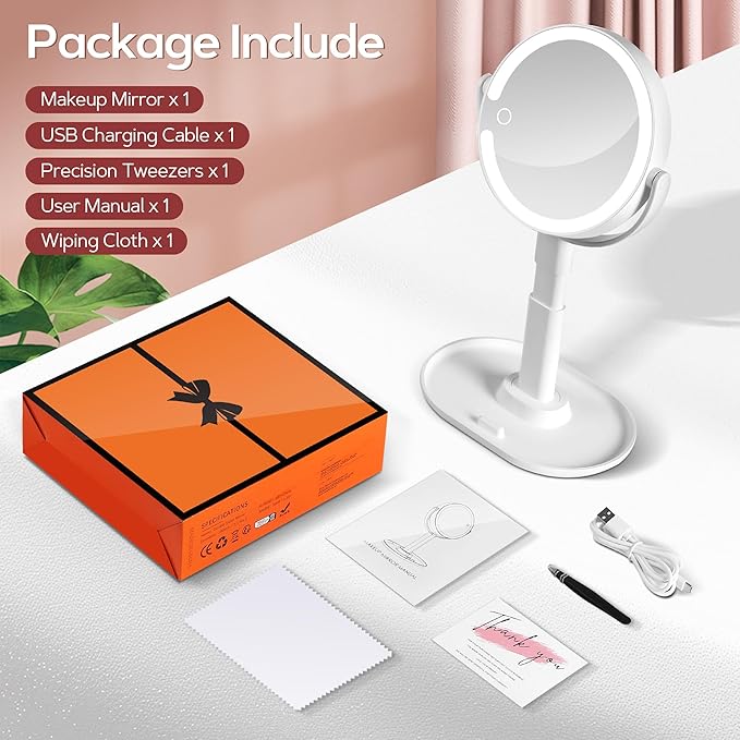 B Beauty Planet Vanity Mirror with Lights, 30X Magnifying Makeup Mirror with 3 Lighting and Adjustable Brightness, Rechargeable 2-Sided Height Adjustable Desk Mirror for Bathroom, Women Gifts for Mom