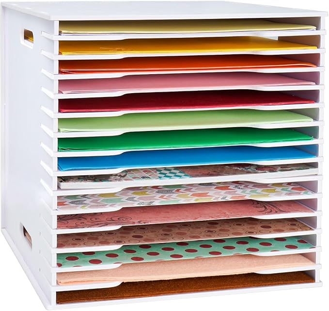 SANFURNEY Scrapbook Paper Organizer for Sizes 12" x 12", 15 Slots File Sorter Storage, Document Holder, Desktop Scrapbook Paper Organizer Rack for Home Office School (White, 15 Slots - Standard Size)