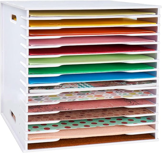 SANFURNEY Scrapbook Paper Organizer for Sizes 12" x 12", 15 Slots File Sorter Storage, Document Holder, Desktop Scrapbook Paper Organizer Rack for Home Office School (White, 15 Slots - Standard Size)