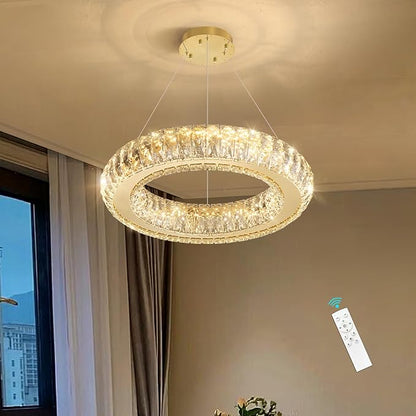 Modern Chandelier Crystal LED Dimmable Ring Pendant Lights Adjustable Hanging Lighting Chandeliers Fixtures for Dining Room Bedroom Kitchen Island Table Gold Light