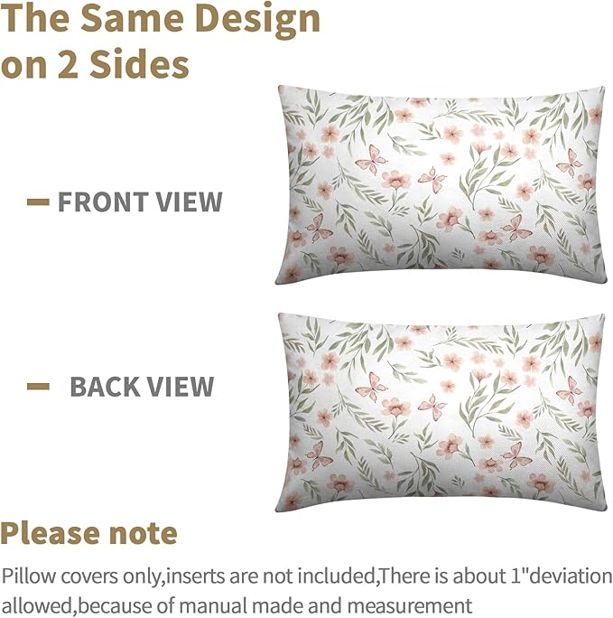 Spring Pillow Covers 12x20 Set of 2 Sage Green Pink Floral Throw Pillow Covers Boho Pillowcase Linen Decoration Farmhouse Soft Decorative Butterfly Cushion Case Couch for Indoor Outdoor Home Decor