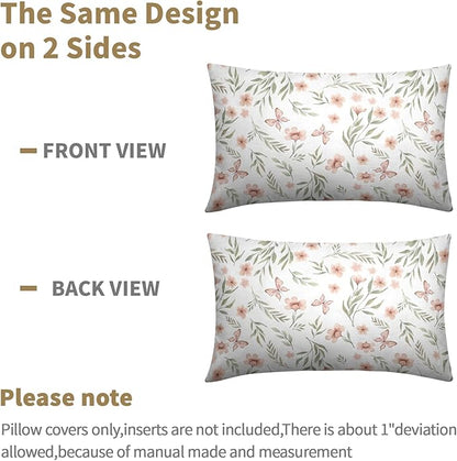 Spring Pillow Covers 12x20 Set of 2 Sage Green Pink Floral Throw Pillow Covers Boho Pillowcase Linen Decoration Farmhouse Soft Decorative Butterfly Cushion Case Couch for Indoor Outdoor Home Decor