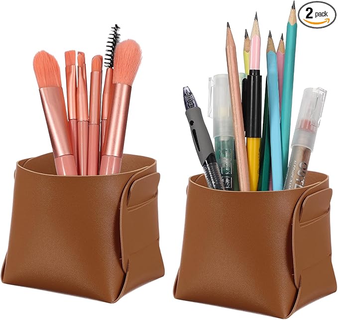 PATIKIL 2Pack Leather Desk Organizer, Leather Pencil Pen Holder Jewelry Valet Tray Hair Accessories Organizer for Bedroom Drawer Office Key Wallet Watch Pen Pencil Glasses, Brown