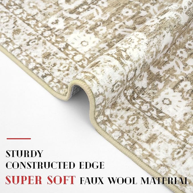 Vintage Runner Rug 2x12, Beige Tan White Washable Long Kitchen Runner Non-Slip Floral Soft Hallway Rug Runner Thin Print Faux Wool Carpet for Entryway Bedroom Laundry Room Indoor Home Decor