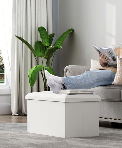 Folding Storage Ottoman Bench, Multi-Functional Ottoman Footrest, End of Bed Bench, Storage Chest for Living Room, Bedroom, Hallway, Entryway, Holds Up to 600 lbs (White, 30 Inches)