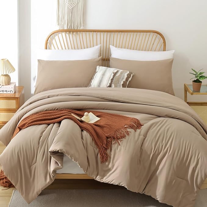 ROSGONIA King Size Comforter Set Taupe Brown, 3pcs(1 Boho Tan Comforter & 2 Pillowcases) All Season Bedding Lightweight Bedspread Blanket Quilts