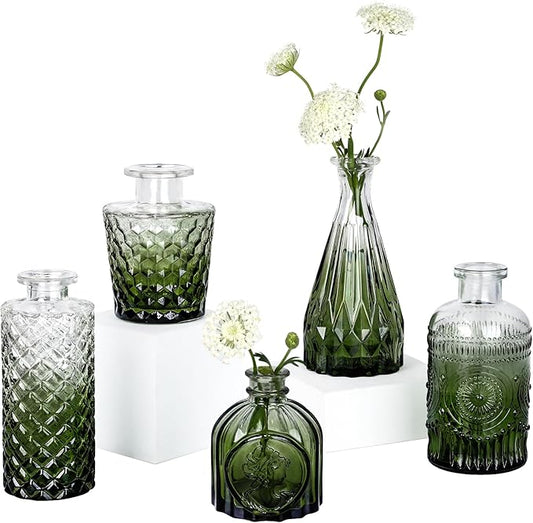 Glass Bud Vase Set of 5, Small Green Flower Vases for Centerpieces in Bulk, Mini Vintage Vase for Wedding Decor, Single Flowers, and Home Table Décor