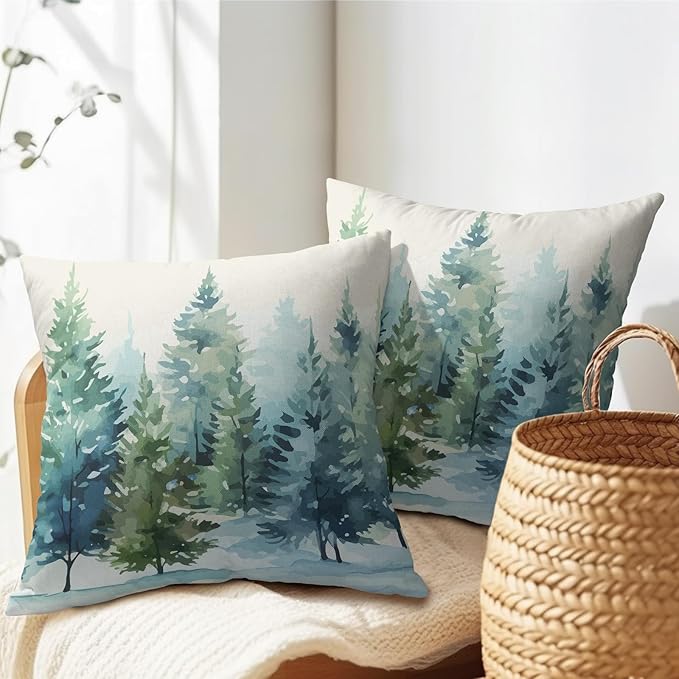 Watercolor Christmas Tree Pillow Covers 20x20 Set of 2 Blue Green Xmas Print Vintage Decorative Outdoor Throw Pillow Cases Rustic Winter Holiday Decoration Farmhouse Sofa Couch Cushion Cover Bed Decor