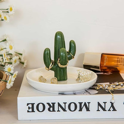 Cactus Ring Holder Dish, Ceramic Jewelry Tray Trinket Dish for Necklace Keychain Organizer, Cute Funny Birthday Wedding Mothers Day Gift for Women Friends Girls