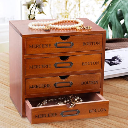 Wesiti 4 Drawer Apothecary Cabinet - Vintage Wooden Desk Organizer - Library Card Catalog Wood Storage Box - Office Desktop Dresser for Stationery, Thread Embroidery, Sewing, Crafts, Junk & Supplies