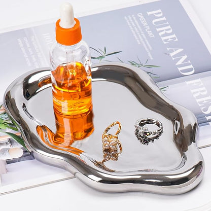 Ceramic Jewelry Tray Dish for Ring Key Trinket, Cute Cloud Shape Decorative Jewelry Plate Holder Room Decor Aesthetic Gift (Silver)