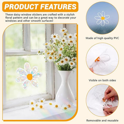 6 PCS Daisy Sun Catcher Sticker Prevent Birds Strikes, Static Cling Rainbow Window Film, Flower Window Clings for Glass Decal Non Adhesive, Reusable Window Stickers