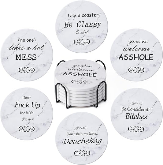 Hoewina 6Pcs Drink Coasters with Holder, Marble Style Ceramic Drink Coaster, Absorbent Coasters Set Suitable for Kinds of Cups, Modern Style Coasters for Coffee Table, 4 Inches（Style 10）