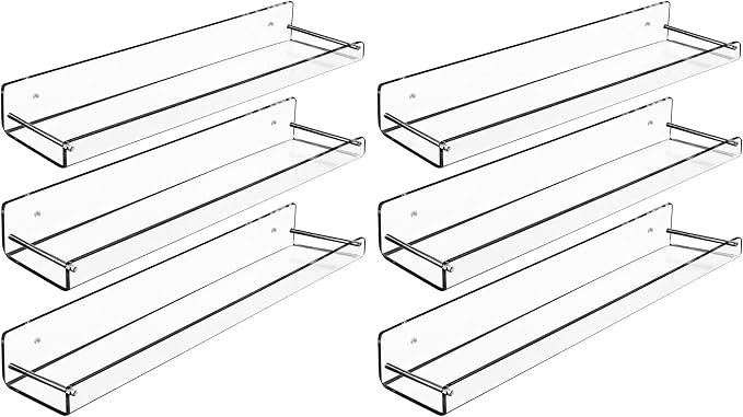 AMT 6 Pack Acrylic Floating Shelves, 15" L x 3.25" W, Clear Bathroom Wall Shelf, Bookshelves, Invisible Display for Office, Bedroom, Small Gap Allows Water to Escape, Free Screws & Drill Bit (Medium)