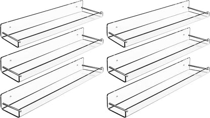 AMT 6 Pack Acrylic Floating Shelves, 15" L x 3.25" W, Clear Bathroom Wall Shelf, Bookshelves, Invisible Display for Office, Bedroom, Small Gap Allows Water to Escape, Free Screws & Drill Bit (Medium)
