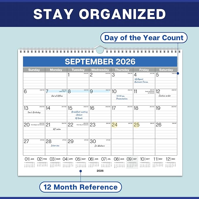 Dunwell 2026 Wall Calendar 12x15 (Blue), Large Lined Monthly Calendar, Jan – Dec 2026, 12 x 15 Size, Professional Style for Home, Office, School or Organization