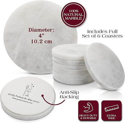 Gusto Nostro White Marble Coasters Set of 6 with Non-Slip Backing - Luxury Natural Stone Coasters for Drinks - Genuine Marble Kitchen Accessories, Round Stone Coaster for Kitchen Counter, Coffee Table