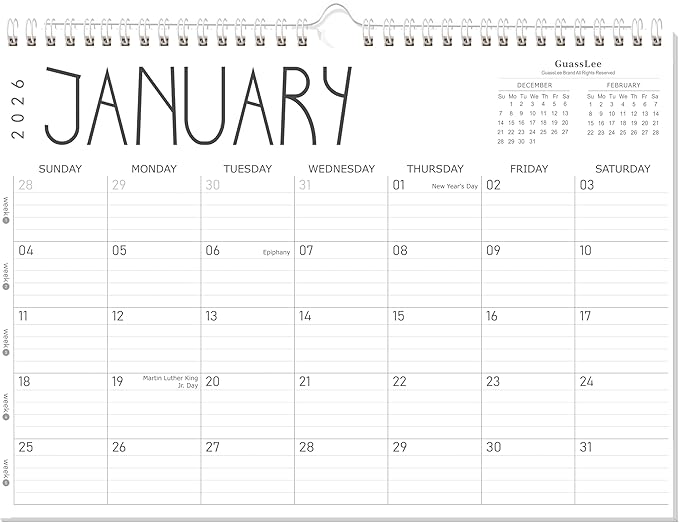 GuassLee Wall Calendar 2026 12 Months Planner Through Jan. 2026 to Dec 2026 17" X 12" Paper Monthly Planner Wall Hanging Calendar with Thick Paper for Easy Organizing